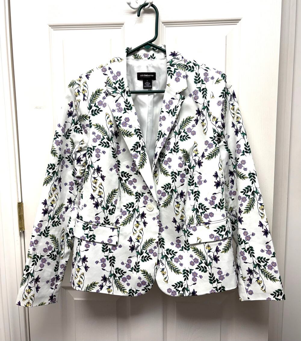 Liz Claiborne Career Blazer Floral Women’s Large White Cotton Stretch Jacket